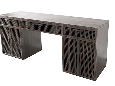 Modern Dark Wood Desk With Grid Pattern Cabinet Doors And Drawers 3d model