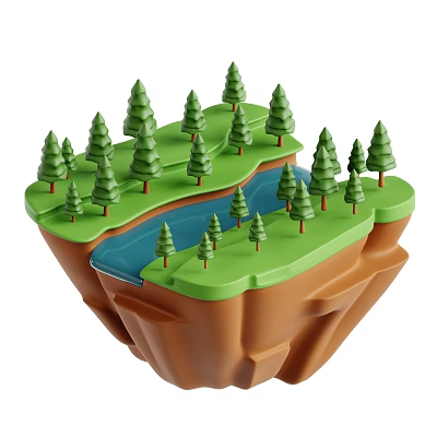 Garden Landscape With Floating Island Green Grass Pine Trees Blue River And Brown Rocks 3d model