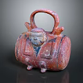 Red Brown Traditional Earthenware Tea Set With Decorative Handle Face Pattern And Feet Design
