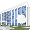Modern Office Building With Glass Curtain Wall Spacious Entrance Front Plaza Trees And Sunset Sky