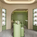 Modern Green Beige Specialty Store Interior With Counter Display Shelves Coffee Machine And Circular Decorations