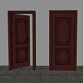Dark Red Paneled Hinged Doors Open and Closed on Grey Wall Floor Background 3d model
