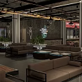 Industrial Restaurant Interior With Wooden Tables Hanging Lights Decorative Paintings And Windows