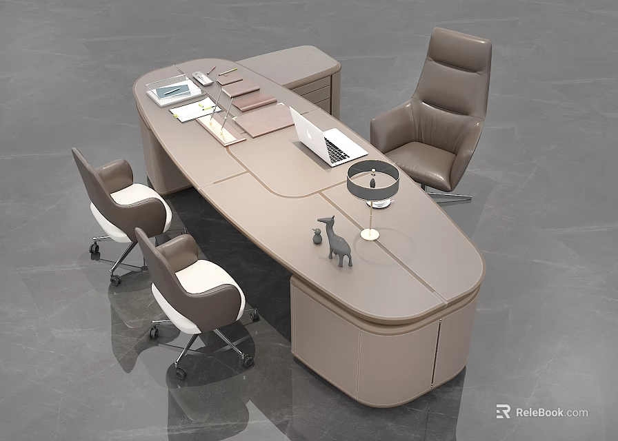 Modern Office Desk and Chair Set with Oval Shape Leather Chairs Laptop and Table Lamp 3d model 