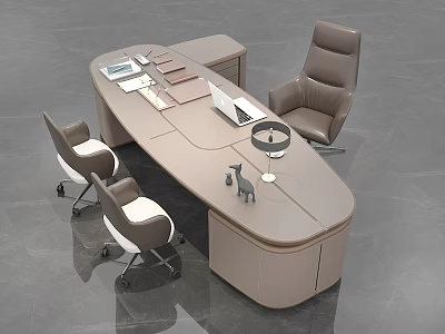 Modern Office Desk and Chair Set with Oval Shape Leather Chairs Laptop and Table Lamp 3d model