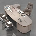 Modern Office Desk and Chair Set with Oval Shape Leather Chairs Laptop and Table Lamp