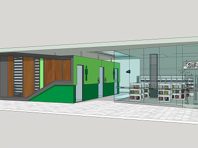Modern Post Station Exterior With Glass Facade Green Walls And Wooden Entrance Area 3d model