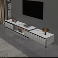 Modern White TV Stand with Marble Top Gold Lamp Decorative Vase and Storage Box
