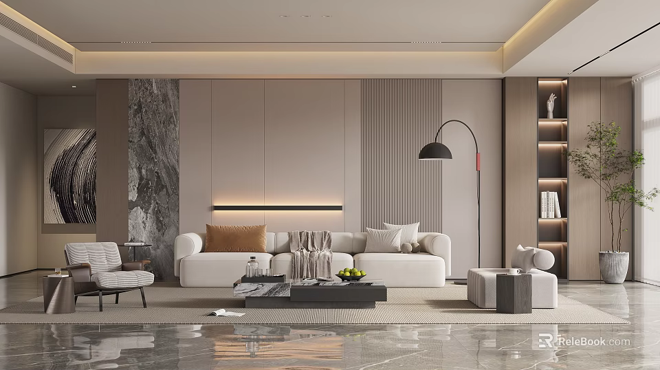 Elegant Modern Living Room Featuring White Sofa Marble Wall Floor Lamp Bookshelf And Coffee Table 3d model 