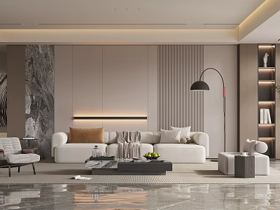 Elegant Modern Living Room Featuring White Sofa Marble Wall Floor Lamp Bookshelf And Coffee Table 3d model