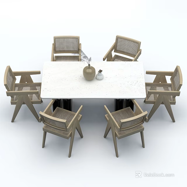 Dining Table Set with White Tabletop Six Wicker Backrest Chairs and Vase Decor 3d model