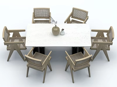 Dining Table Set with White Tabletop Six Wicker Backrest Chairs and Vase Decor 3d model
