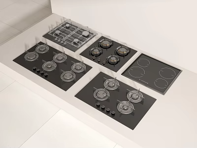 Various Modern Kitchen Appliances Including Gas And Electric Cooktops On White Counter 3d model