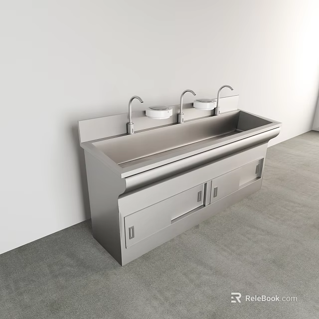 Modern Stainless Steel Sink With Double Faucets And Cabinet Drawers 3d model 