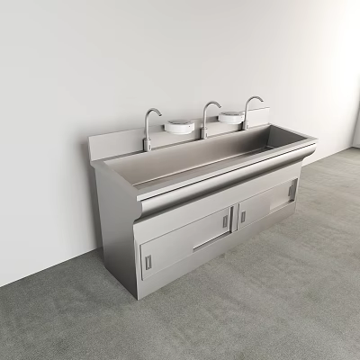 Modern Stainless Steel Sink With Double Faucets And Cabinet Drawers 3d model