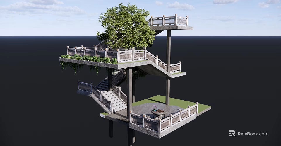 Outdoor Multi Level Staircase Connecting Platforms With Tree Green Plants Railing And Ocean View 3d model