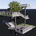 Outdoor Multi Level Staircase Connecting Platforms With Tree Green Plants Railing And Ocean View 3d model