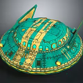 Cosmic UFO Spacecraft Design With Blue Yellow Accents And Circular Windows
