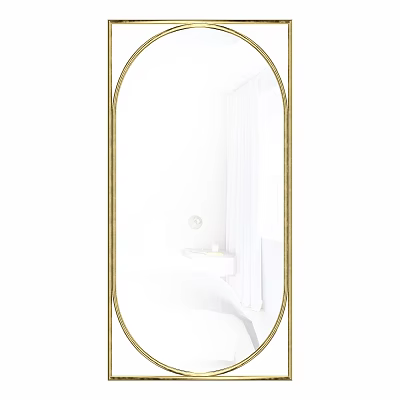 Oval Gold Frame Mirror in Modern White Bathroom with Bathtub Interior 3d model