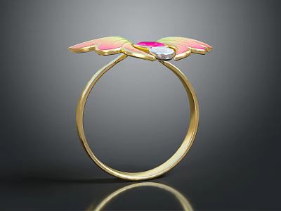 Exquisite Golden Ring With Butterfly Wing Design Pink Yellow Accents And Central Gemstone 3d model