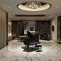 Luxurious Living And Dining Room Interior With Marble Floor Chandelier And TV Wall
