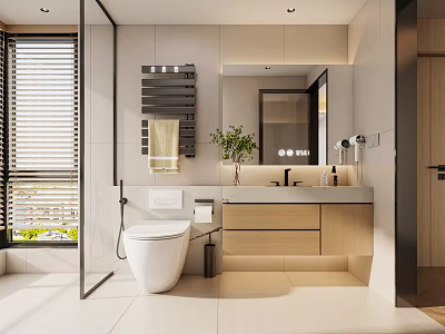 Modern Bathroom Interior With White Toilet Marble Vanity Large Mirror Blinds And Potted Plant 3d model