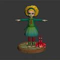 Curly Yellow Hair Girl In Green Coat And Dress With Small Red Spiked Tentacled Creature