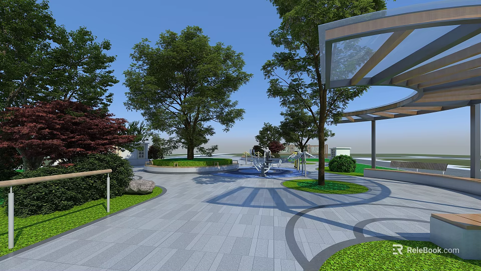 Park Landscape With Green Trees Red Leaf Bushes Paved Walkway Water Fountain And Canopy Structure 3d model 