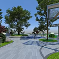 Park Landscape With Green Trees Red Leaf Bushes Paved Walkway Water Fountain And Canopy Structure
