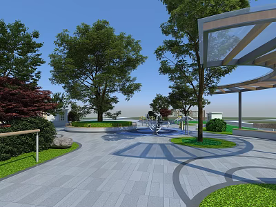 Park Landscape With Green Trees Red Leaf Bushes Paved Walkway Water Fountain And Canopy Structure 3d model