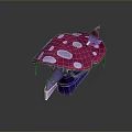 Purple Butterfly Perched on Pink Mushroom with White Spots and Purple Base