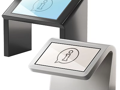 Two Interactive Information Kiosks with Touchscreen Displays and Speech Bubble Icons 3d model