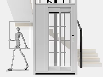 Modern Elevator With Glass Doors Near Staircase And Silver Human Figure In Interior Space 3d model
