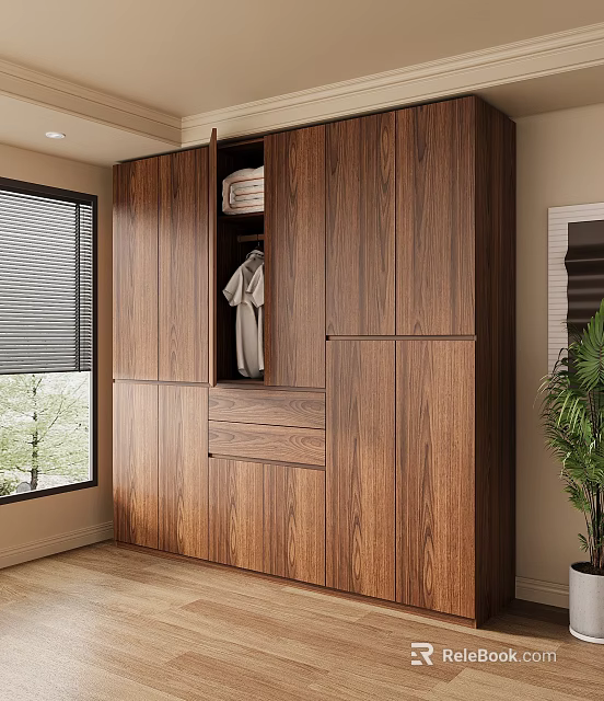 Modern Wooden Wardrobe Interior Design With Hanging Garment Folded Linens And Drawers 3d model 