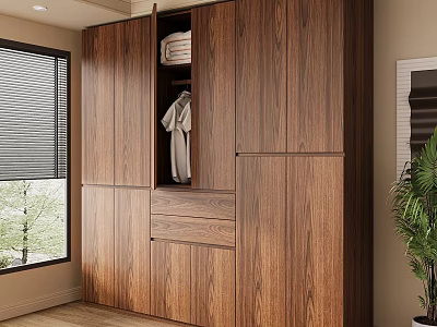 Modern Wooden Wardrobe Interior Design With Hanging Garment Folded Linens And Drawers 3d model