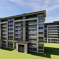 Modern Commercial Street with Glass Facades Wooden Structures and Outdoor Seating Areas