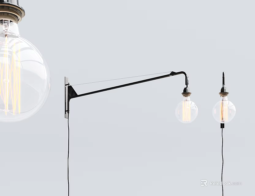 Modern Black Metal Wall Sconce with Adjustable Arm and Clear Glass Edison Bulbs 3d model 