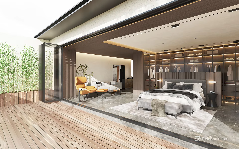 Modern Bedroom Interior With Large Windows Wooden Deck And Comfortable Bed 3d model 