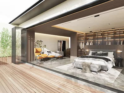 Modern Bedroom Interior With Large Windows Wooden Deck And Comfortable Bed 3d model