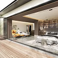 Modern Bedroom Interior With Large Windows Wooden Deck And Comfortable Bed