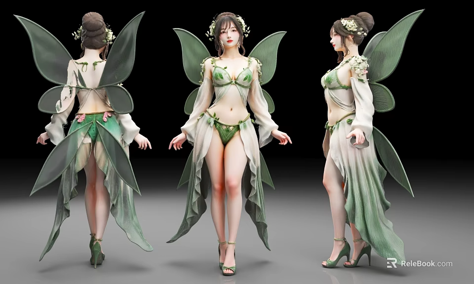 Woman In Green Fairy Costume With Wings Flower Headpiece And Long Dress 3d model 