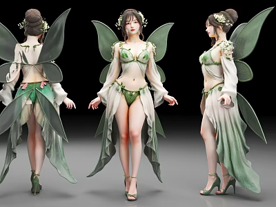 Woman In Green Fairy Costume With Wings Flower Headpiece And Long Dress 3d model