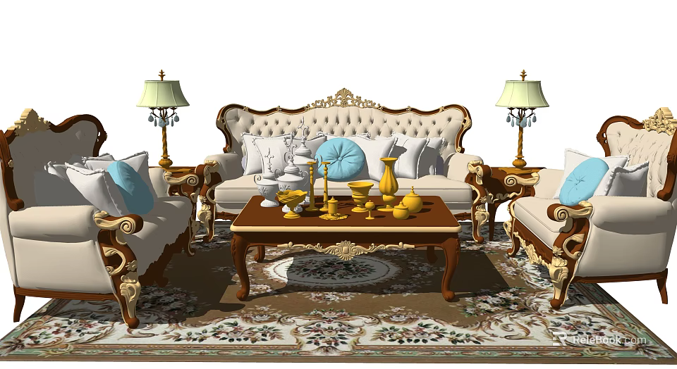 Elegant Classic Sofa And Coffee Table Set With Ornate Carvings Decorative Lamps Blue Pillows 3d model 