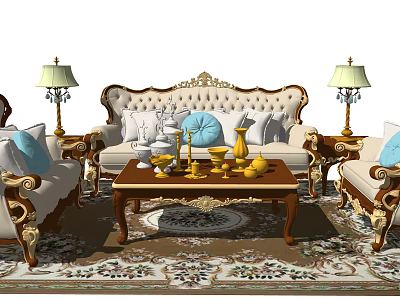 Elegant Classic Sofa And Coffee Table Set With Ornate Carvings Decorative Lamps Blue Pillows 3d model