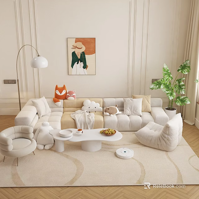 Modern Living Room Interior With Comfortable Sofa Area Rug Floor Lamp And Decorative Artwork 3d model 