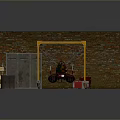 Vintage Red Motorcycle In Workshop With Yellow Rack Bricked Walls And Grid Window