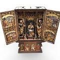 Carved Wooden Religious Altarpiece With Madonna Saints And Painted Triptych Figures