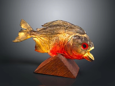 Golden Red Glow Fish Shaped Electronic LED Ornament With Red Eyes Open Mouth Wooden Base 3d model