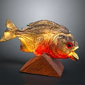 Golden Red Glow Fish Shaped Electronic LED Ornament With Red Eyes Open Mouth Wooden Base
