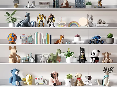 Colorful Stuffed Dolls Display On Shelves With Plush Toys Books And Plants 3d model